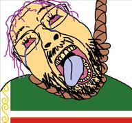 bloodshot_eyes chechen chechnya country crying flag flag:chechen_republic glasses hair hanging mustache open_mouth purple_hair rope stubble suicide tongue tranny variant:bernd white_skin yellow_teeth // 1294x1210 // 231.4KB