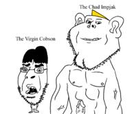 2soyjaks arm chad closed_mouth ear full_body glasses hair naked nsfw open_mouth penis redraw smile soyjak stubble text variant:impish_soyak_ears virgin yellow_hair // 1700x1470 // 29.9KB