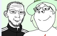 2soyjaks closed_mouth clothes crystal_cafe ear female glasses green_hair hair hat smile soyjak stubble subvariant:gapejak_female track_suit variant:gapejak variant:yurijak // 640x411 // 154.1KB
