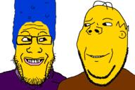 2soyjaks are_you_soying_what_im_soying beehive blue_hair clothes ear female glasses hair homer_simpson looking_at_each_other marge_moment marge_simpson smirk soyjak stubble subvariant:wholesome_soyjak the_simpsons tv_(4chan) variant:gapejak variant:markiplier_soyjak yellow // 1200x800 // 265.9KB