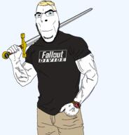 bald blond blue_eyes claymore_gaming clothes fallout glasses gmod hand hand_in_pocket muscles no_sign nose smile smirk soyjak stubble sword transparent tshirt variant:cobson vein watch // 1834x1910 // 227.1KB