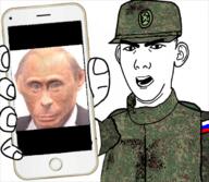 angry arm camouflage cap clothes ear flag glasses hand hat holding_object military monkey_putin open_mouth phone russia soyjak soyjak_holding_phone star stubble variant:kuzjak // 680x593 // 472.0KB