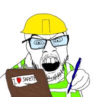 angry bhp clipboard clothes construction construction_worker glasses goggles hand hard_hat hat helmet holding_object i_love jacket open_mouth paper pen safety soyjak stubble text variant:feraljak wagie // 1500x1500 // 197.8KB