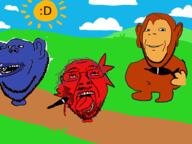 amerimutt animal balloon bloodshot_eyes bloons closed_mouth cloud crying drawn_background ear glasses hair hill monkey mustache open_mouth purple_hair smile soyjak stubble subvariant:wholesome_soyjak sun tongue variant:bernd variant:gapejak variant:impish_soyak_ears video_game // 1600x1200 // 344.4KB