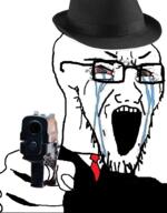 bloodshot_eyes clothes crying fedora glasses gun hand hat holding_object necktie open_mouth pointing soyjak stretched_mouth stubble suit variant:classic_soyjak // 782x1002 // 453.4KB