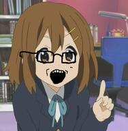 anime arm background clothes glasses hair hair_clip hand hirasawa_yui k_on open_mouth pointing_up soyjak variant:soyak // 922x940 // 224.9KB
