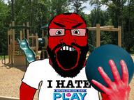 angry balding ball beard clothes fume glasses hair hand holding_object i_hate irl_background nickelodeon open_mouth outside playground red_skin soyjak sports subvariant:science_lover tshirt variant:markiplier_soyjak // 1440x1080 // 515.5KB