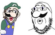 2soyjaks big_nose brown_hair cap clothes ear full_body glasses hair hat luigi merge mustache nintendo open_mouth stubble thick_eyebrows variant:gapejak variant:nojak video_game weegee white_skin // 1242x800 // 194.7KB