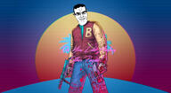 bandage blood chud closed_mouth clothes ear firearm glasses gun hair hammer holding_gun holding_hammer holding_object hotline_miami jacket jacket_(hotline_miami) jeans millions_must_die smile smug soyjak subvariant:chudjak_front synthwave text variant:chudjak video_game weapon white_skin // 1980x1080 // 678.3KB