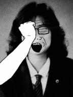 arm asian closed_eyes clothes crying furuta_junko glasses hair hand irl japan necktie open_mouth soyjak stubble variant:classic_soyjak // 766x1024 // 52.0KB