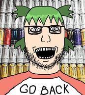 4chan anime crazed glasses go_back green_hair hair irl_background monster_energy open_mouth soyjak stubble text variant:unknown white_skin yotsoyba // 1034x1150 // 976.0KB
