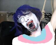 glasses mustache open_mouth purple_hair real_life real_person rope stubble suicide tranny transgender_flag // 702x567 // 410.4KB