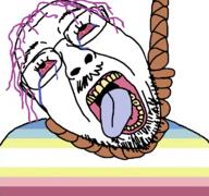 bloodshot_eyes crying flag glasses hair map_(pedophile) mustache open_mouth pedophile purple_hair rope soyjak stubble suicide tongue tranny variant:bernd yellow_teeth // 768x719 // 56.6KB