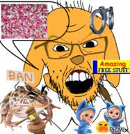 animated ban clothes dog ear frog glasses janny meds mustache open_mouth picmix soyjak speech_bubble stubble suspenders text variant:feraljak yellow_skin // 429x440 // 617.3KB