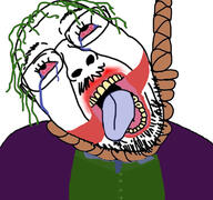 bloodshot_eyes clothes crying glasses green_hair hanging makeup mustache open_mouth soyjak stubble tongue variant:gapejak_front // 768x719 // 320.3KB