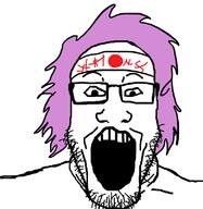 glasses hachimaki hair headband japan open_mouth purple_hair soyjak stubble variant:markiplier_soyjak // 780x800 // 168.2KB