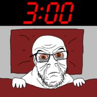 angry bed blanket bloodshot_eyes brown_eyes ear glasses hand insomnia pillow sleeping soyjak stubble variant:feraljak yellow_teeth // 1250x1250 // 178.4KB
