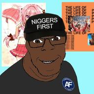album_cover america_first anime astolfo badge black_skin clothes fate_grand_order hat kanye_west meta:tagme music nigger smile variant:feraljak // 622x622 // 61.5KB