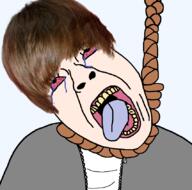 ack bloodshot_eyes brown_hair clothes crying dead hanging irl jacket justin_bieber open_mouth rope soyjak suicide tongue variant:bernd white_skin yellow_teeth zipper // 852x841 // 292.7KB