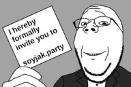 card clothes glasses hand holding_object invite necktie paper smile soyjak soyjak_party stubble suit text variant:wholesome_soyjak // 1200x800 // 158.4KB