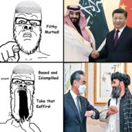 china clothes glasses hand hat islam mustache open_mouth pointing pointing_at_viewer soyjak stubble taqiyah text turban variant:a24_slowburn_soyjak xi_jinping // 680x680 // 556.9KB