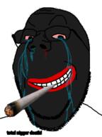 black_skin bloodshot_eyes blunt closed_mouth crying low_quality marijuana mucus nosebleed red_lips smug soyjak stubble subvariant:wholesome_soyjak text total_nigger_death variant:gapejak // 450x600 // 119.6KB
