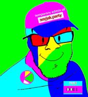 badge cap closed_mouth clothes colorful doll_(user) glasses green_background hat kolyma logo looking_at_you name_tag smile soyjak soyjak_party stubble text variant:feraljak // 818x910 // 141.6KB