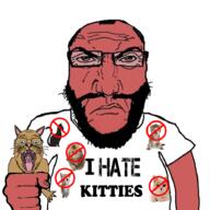 ack angry animal animal_abuse beard cat claw claws closed_mouth clothes ear fist glasses holding_object i_hate red_skin soyjak subvariant:science_lover text tshirt variant:bernd variant:markiplier_soyjak // 935x935 // 532.5KB