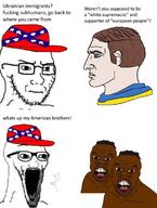 4soyjaks angry arm blue_eyes brown_hair cap closed_mouth clothes concerned confederate ear glasses hair hand hands_up hat nigger nordic_chad open_mouth soyjak stretched_mouth stubble subvariant:wewjak text tyrone ukraine variant:feraljak variant:soyak white_skin yellow_sclera // 515x680 // 61.6KB