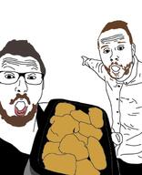 arm beard brown_hair clothes fried_chicken glasses hand holding_object open_mouth pointing redraw soyjak variant:two_pointing_soyjaks // 500x615 // 119.4KB