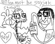 2soyjaks arm closed_mouth drinking glasses hair hand heart holding_object millions_must_die open_mouth smile soyjak speech_bubble stubble text variant:chudjak variant:unknown // 2227x1767 // 1.3MB