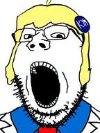 badge clothes glasses hair knowyourmeme open_mouth soyjak stubble tagme text variant:gapejak yellow_hair // 600x800 // 99.8KB