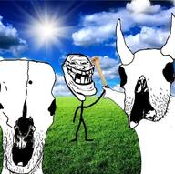2soyjaks arm bone cloud cow demon grass hand holding_object horn irl_background open_mouth pointing rage_comic skull sky soyjak stubble sun trollface variant:two_pointing_soyjaks // 720x717 // 364.3KB