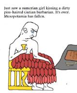 arm bald chair clay_tablet clothes crying cuneiform cup foot full_body hand holding_object its_over leg mesopotamia side_profile sitting stylus sumer table text unibrow variant:chudjak // 732x884 // 285.2KB