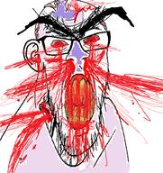 blood bloodshot_eyes clenched_teeth cracked_teeth ear glasses large_eyebrows mustache purple_skin soyjak stretched_mouth stubble variant:feraljak vein yellow_teeth // 883x937 // 642.0KB