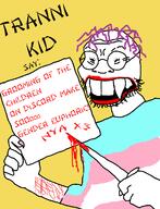 asian clothes discord full_body glasses groomer half_open_mouth holding_object knife lipstick purple_hair sign soyjak stubble teeth template tranny variant:soykio_kid // 989x1293 // 134.3KB