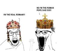 2soyjaks arm balding byzantine christard christian_identity christianity country crown emperor empire germany glasses greece hand hands_up historical history mustache open_mouth pope roman rome soyjak stubble subvariant:wewjak text variant:feraljak variant:soyak // 1048x924 // 550.9KB