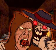angry blood_(game) caleb_(blood) clothes dynamite fire hand hat holding_object lighter open_mouth rage_comic red_eyes redraw smile soy_parody trollface trollge variant:cobson video_game white_eyes white_skin // 1376x1222 // 453.6KB