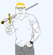 aryan buff clothes glasses holding_object holding_sword merge stubble subvariant:chudson subvariant:chudson2 sword template transparent_background tshirt variant:chudjak variant:cobson vein watch weapon yellow_hair // 1834x1910 // 266.5KB