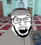 angry arabic_text beard clothes glasses irl_background islam mosque open_mouth quran soyjak taqiyah text variant:feraljak // 707x778 // 77.9KB