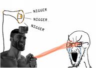 beard bloodshot_eyes buff camera crying gigachad glasses go_pro hair holding_object irl livestreamer megaphone nigger open_mouth pepper_spray soyjak stretched_mouth stubble text variant:classic_soyjak // 1436x1024 // 149.3KB