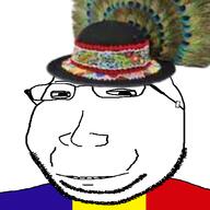 clothes deformed feather flag flag:romania glasses hat open_mouth romania smile stubble subvariant:massjak variant:gapejak wholesome // 600x600 // 155.0KB
