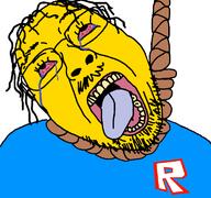bloodshot_eyes blue_skin clothes crying glasses hair hanging mustache noob open_mouth roblox rope soyjak stubble suicide tongue variant:bernd video_game yellow_skin yellow_teeth // 768x719 // 49.0KB
