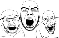 3soyjaks angry feral_trio glasses looking_at_you mustache open_mouth soyjak stubble subvariant:cobson_front2 variant:angry_soyjak variant:cobson variant:feraljak // 1040x680 // 112.4KB