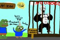 animal animated apu arm bloodshot_eyes cage crying ear frog full_body g_(4chan) glasses gorilla hand leg linux open_mouth party_hat pepe screaming sign soyjak stretched_mouth stubble sun technology text trollface variant:soyak zoo // 1200x800 // 210.0KB