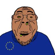 big_lips black_sclera blue_shirt clothes drool ear euromutt europe european_union flag flag:european_union glasses hair half_open_mouth hoodie mucus mustache small_eyes stubble thick_eyebrows variant:bernd wrinkles yellow_sclera // 576x575 // 65.4KB
