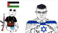 angry arm baby bloodshot_eyes closed_mouth clothes crying deformed ear flag:israel flag:palestine glasses gun israel judaism muscles palestine smile soyjak stubble subvariant:gerald subvariant:muscular_chud variant:chudjak variant:cobson yellow_hair // 1089x613 // 323.1KB