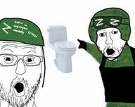 2soyjaks arm glasses hand helmet mustache open_mouth pointing puttin russia soldier soyjak stubble text toilet variant:two_pointing_soyjaks // 400x317 // 20.1KB