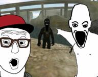 3soyjaks arm benny black_skin cap clothes glasses grand_theft_auto hand hat leg open_mouth pointing soyjak stubble variant:two_pointing_soyjaks video_game // 740x585 // 479.5KB