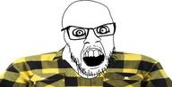 angry anthony_fantano buttoned_shirt clothes crazed glasses open_mouth plaid soyjak stubble variant:feraljak yellow_shirt // 478x245 // 20.1KB